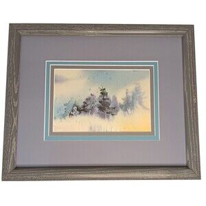 Mary & Joseph Journey To Bethlehem Snow Print Matted And Framed Blue & White VTG